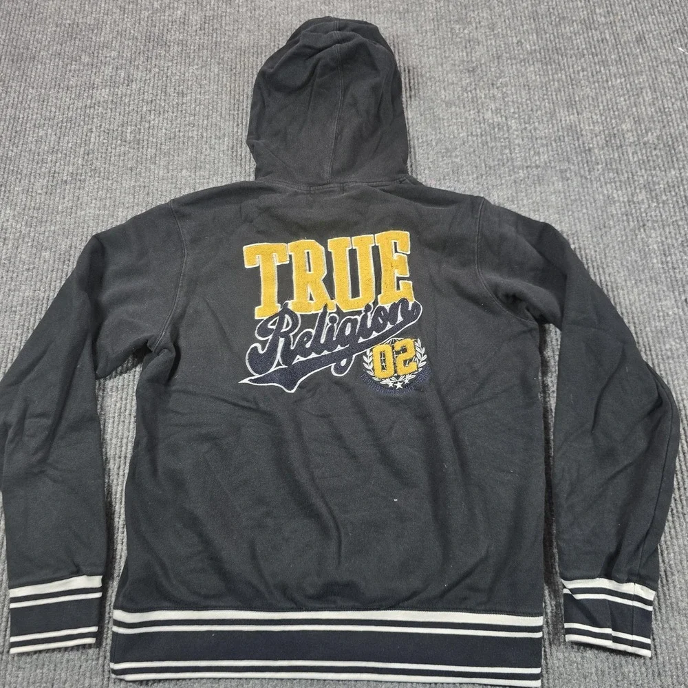 True Religion Hoodie Mens XL Black Pullover Fleece Varsity‎ Back Graphic